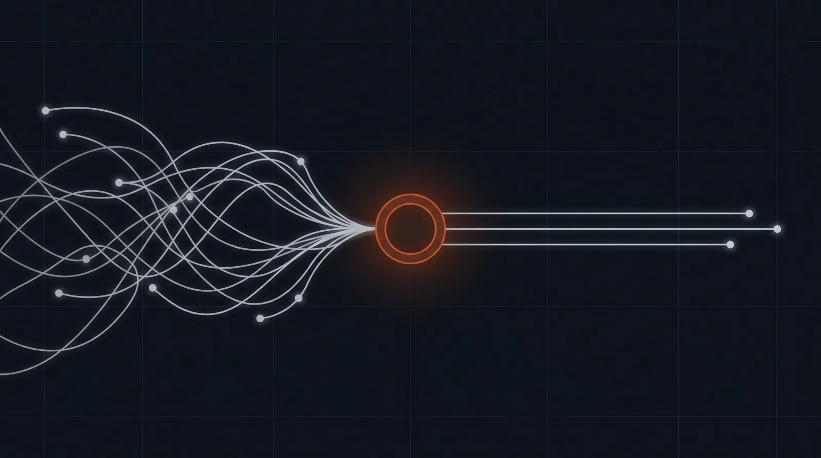 Flussi intrecciati che convergono in un nodo AI e ne escono come linee pulite